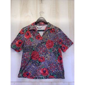 Vintage 1980-90s Improved Living Womens Single Stitch Floral V Neck Blouse Sz S